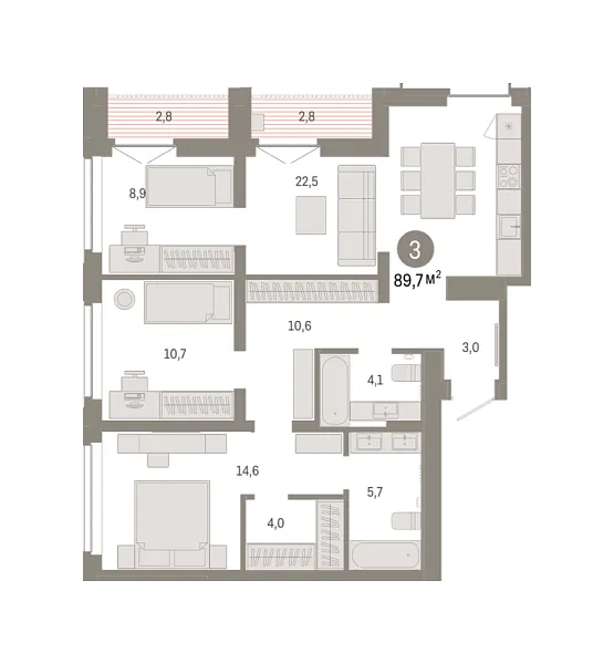 Новая 3-к квартира
 89.68 м² на 15/16 этаже в ЖК «Республики 205» в городе Тюмень 