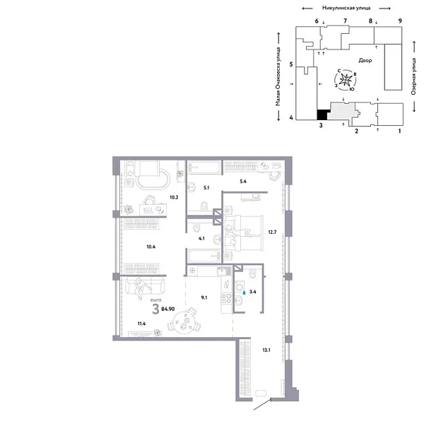 Новая 3-к квартира
 84.9 м² на 9/30 этаже в ЖК «Страна.Озёрная» в городе Тюмень 