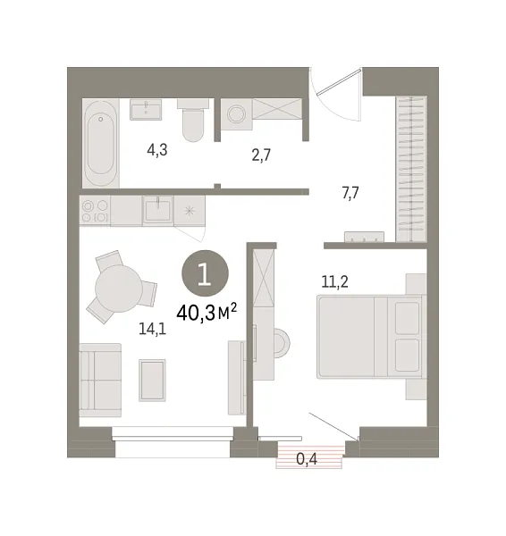 Новая 1-к квартира
 40.32 м² на 11/15 этаже в ЖК «Северный ветер» в городе Тюмень 