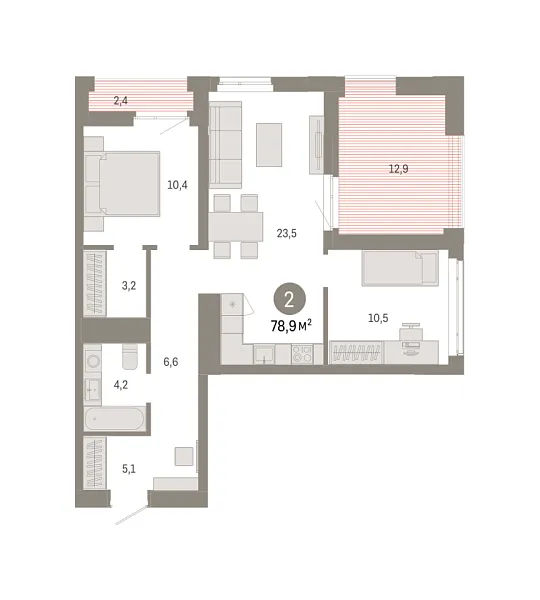 Новая 2-к квартира
 78.89 м² на 15/18 этаже в ЖК «Республики 205» в городе Тюмень 