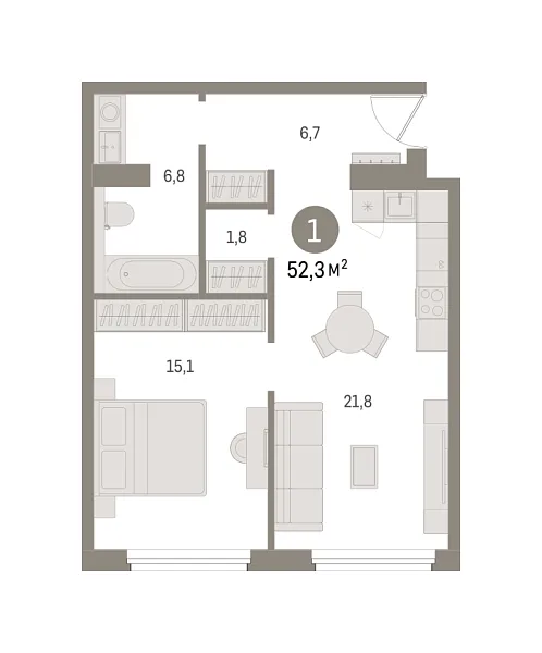 Новая 1-к квартира
 52.22 м² на 9/10 этаже в ЖК «Северный ветер» в городе Тюмень 