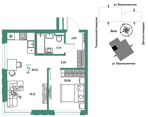 Новая 2-к квартира
 39.52 м² на 18/20 этаже в ЖК «Страна.Прибрежная» в городе Тюмень 