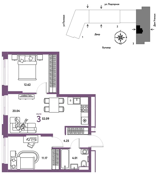 Новая 3-к квартира
 52.18 м² на 7/16 этаже в ЖК «Авторский» в городе Тюмень 