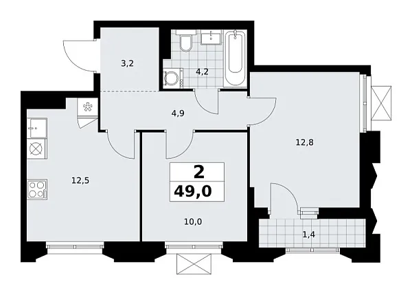 Новая 2-к квартира
 49 м² на 14/14 этаже в ЖК «Деснаречье» в городе Тюмень 