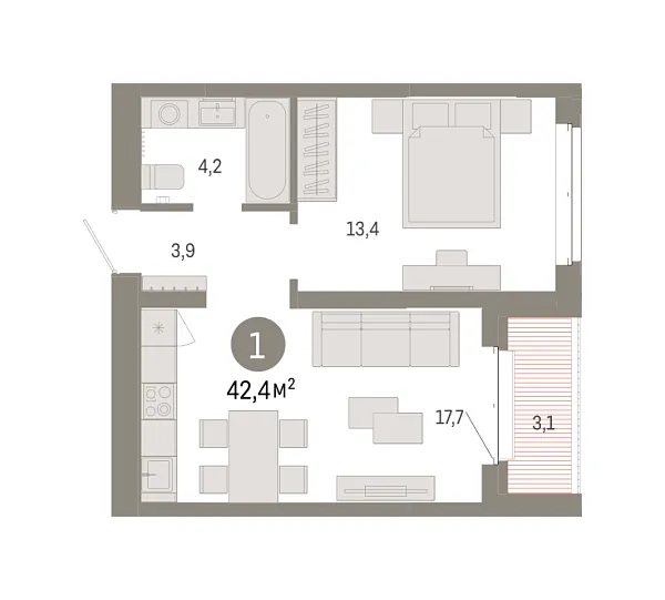 Новая 1-к квартира
 42.38 м² на 5/7 этаже в ЖК «Кварталы «На Минской»» в городе Тюмень 