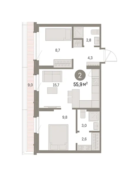 Новая 2-к квартира
 55.9 м² на 8/9 этаже в ЖК «Брусника в Академическом» в городе Тюмень 
