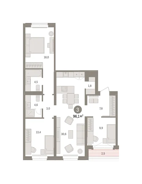 Новая 3-к квартира
 96.11 м² на 4/7 этаже в ЖК «Кварталы «На Минской»» в городе Тюмень 