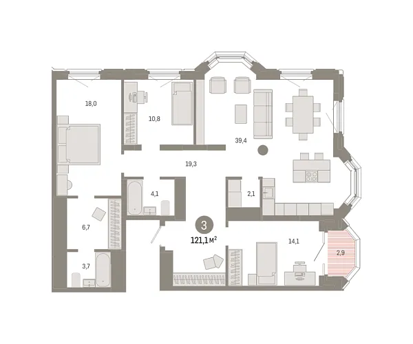 Новая 3-к квартира
 121.1 м² на 14/24 этаже в ЖК «На Некрасова» в городе Тюмень 
