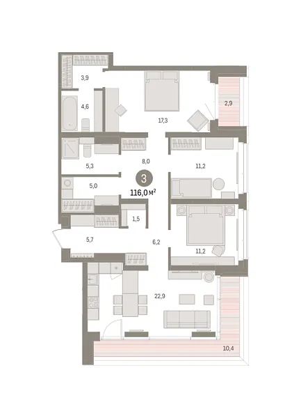 Новая 3-к квартира
 116 м² на 13/16 этаже в ЖК «Кварталы «На Минской»» в городе Тюмень 