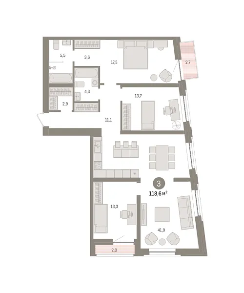 Новая 3-к квартира
 118.5 м² на 3/10 этаже в ЖК «Речной порт» в городе Тюмень 