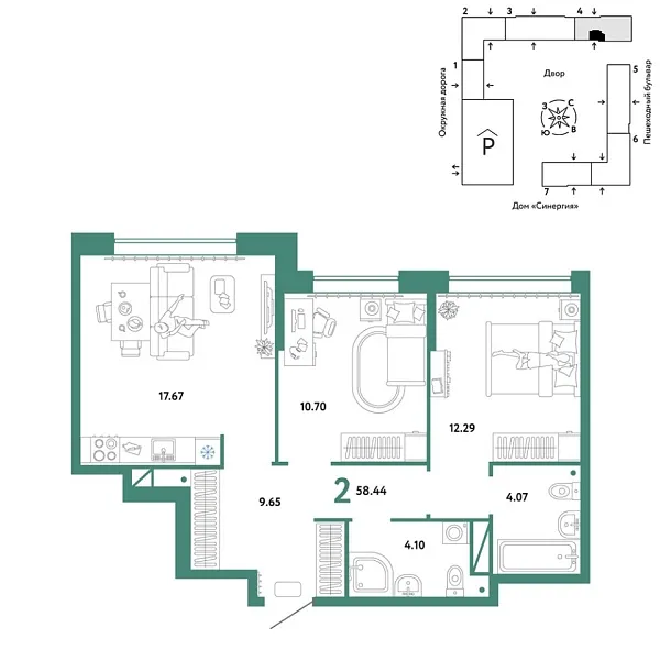 Новая 2-к квартира
 58.44 м² на 5/16 этаже в ЖК «Юнион» в городе Тюмень 