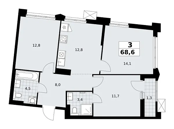 Новая 3-к квартира
 68.6 м² на 13/17 этаже в ЖК «Деснаречье» в городе Тюмень 