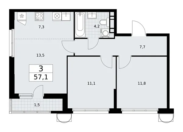 Новая 3-к квартира
 57.1 м² на 6/10 этаже в ЖК «Родные кварталы» в городе Тюмень 
