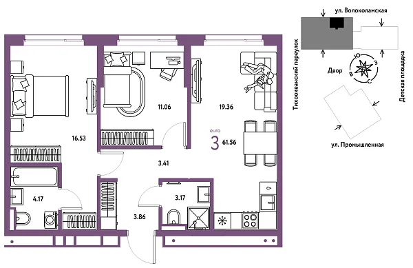 Новая 3-к квартира
 61.56 м² на 4/20 этаже в ЖК «Страна.Прибрежная» в городе Тюмень 