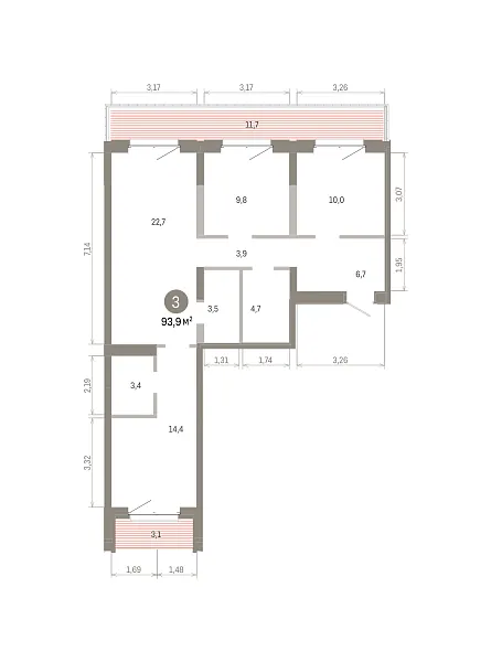 Количество комнат: 3,  93.91 кв.м.