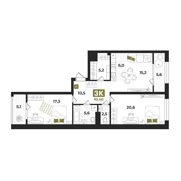Новая 3-к квартира
 93.6 м² на 13/15 этаже в ЖК «Опера» в городе Тюмень 