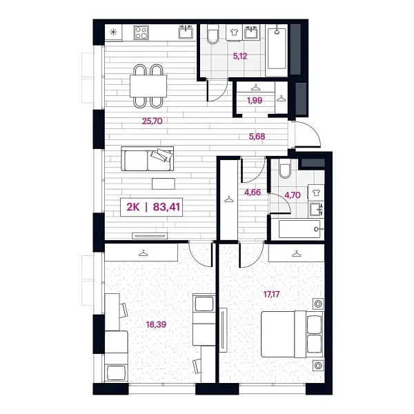 Новая 2-к квартира
 83.41 м² на 3/16 этаже в ЖК «Пушкина» в городе Тюмень 
