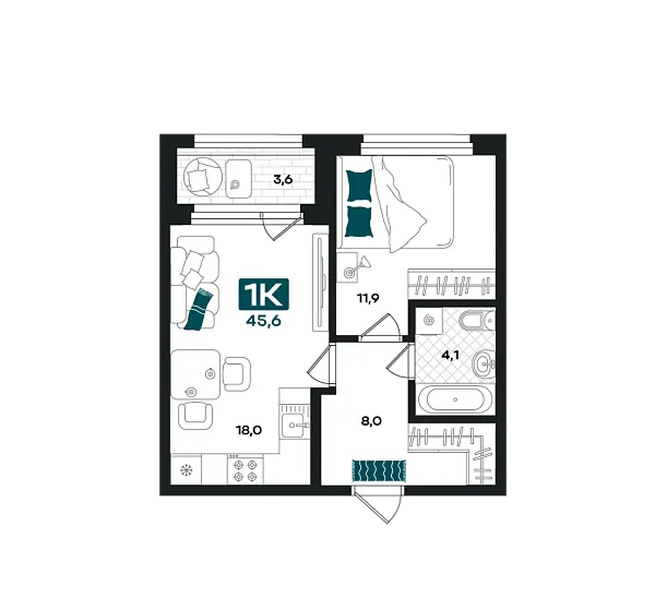 Новая 1-к квартира
 45.6 м² на 22/23 этаже в ЖК «Добро» в городе Тюмень 