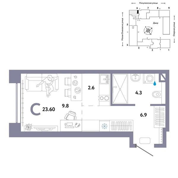 Новая квартира-студия
 23.6 м² на 9/30 этаже в ЖК «Страна.Озёрная» в городе Тюмень 