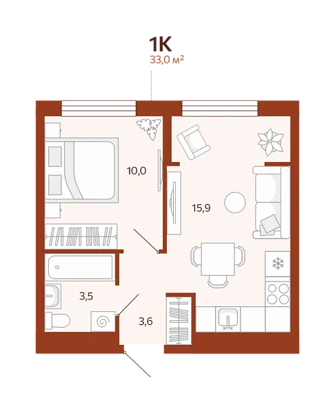 Новая 1-к квартира
 33 м² на 8/14 этаже в ЖК «ЖК Новатор» в городе Тюмень 