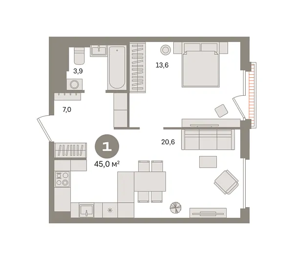 Новая 1-к квартира
 44.99 м² на 14/16 этаже в ЖК «Квартал Герцена» в городе Тюмень 
