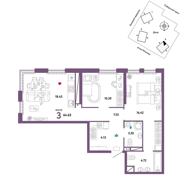Новая 3-к квартира
 64.63 м² на 20/32 этаже в ЖК «Сибирский сад» в городе Тюмень 