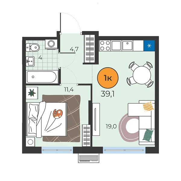 Новая 1-к квартира
 39.1 м² на 5/25 этаже в ЖК «Корней» в городе Тюмень 