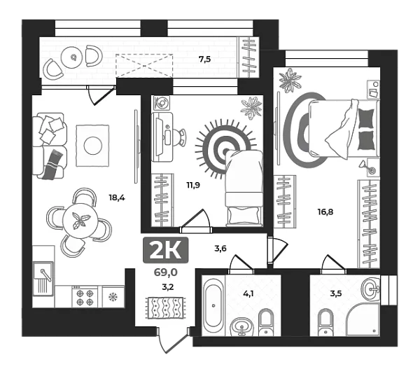 Новая 2-к квартира
 68.5 м² на 18/23 этаже в ЖК «Маэстро» в городе Тюмень 