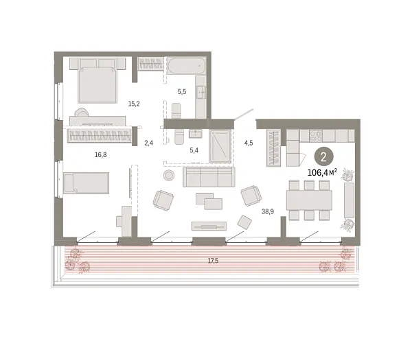Новая 2-к квартира
 106.36 м² на 7/8 этаже в ЖК «Кварталы «На Минской»» в городе Тюмень 