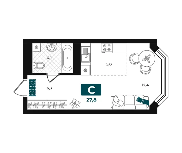 Новая квартира-студия
 27.8 м² на 15/23 этаже в ЖК «Добро» в городе Тюмень 