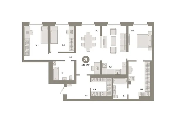 Новая 3-к квартира
 128.6 м² на 4/24 этаже в ЖК «Квартал «Метроном»» в городе Тюмень 