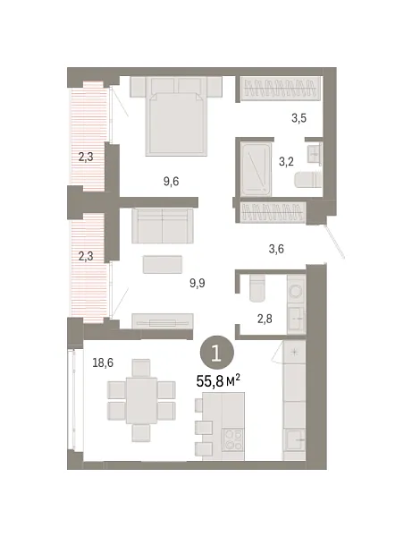 Новая 1-к квартира
 55.76 м² на 15/18 этаже в ЖК «Республики 205» в городе Тюмень 