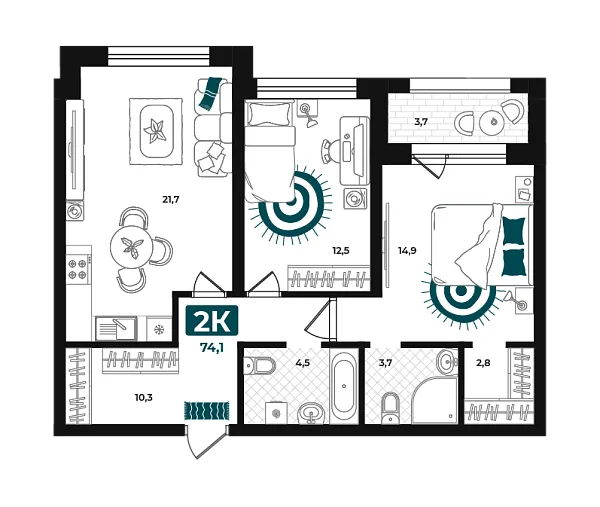 Новая 2-к квартира
 74.1 м² на 4/23 этаже в ЖК «Добро» в городе Тюмень 