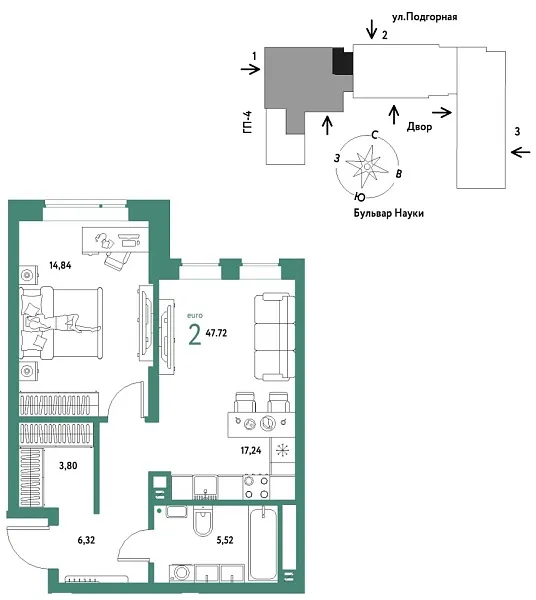 Новая 2-к квартира
 47.72 м² на 3/16 этаже в ЖК «Авторский» в городе Тюмень 