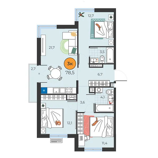 Новая 3-к квартира
 75.8 м² на 7/25 этаже в ЖК «Корней» в городе Тюмень 