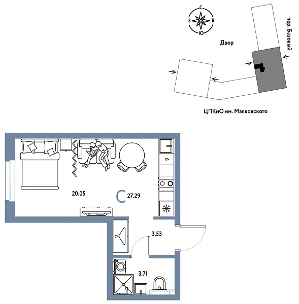 Новая квартира-студия
 27.29 м² на 22/25 этаже в ЖК «Сибирский сад» в городе Тюмень 