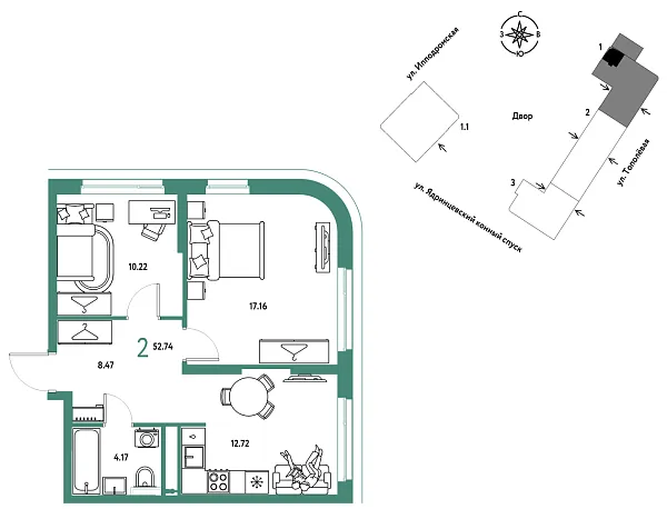 Новая 2-к квартира
 52.74 м² на 3/9 этаже в ЖК «Страна.Тополёвая» в городе Тюмень 