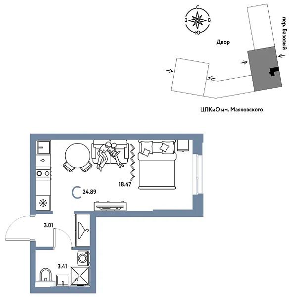 Новая квартира-студия
 24.89 м² на 2/25 этаже в ЖК «Сибирский сад» в городе Тюмень 