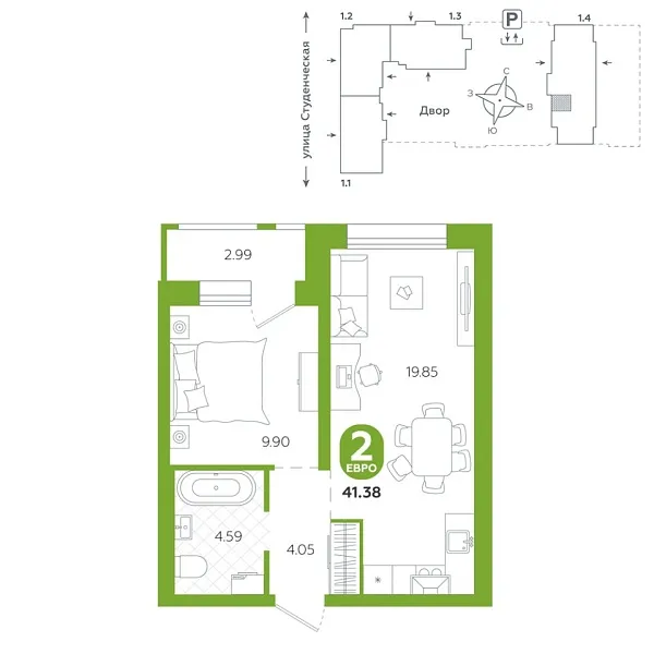 Новая 1-к квартира
 41.38 м² на 14/25 этаже в ЖК «Тёплые кварталы» в городе Тюмень 