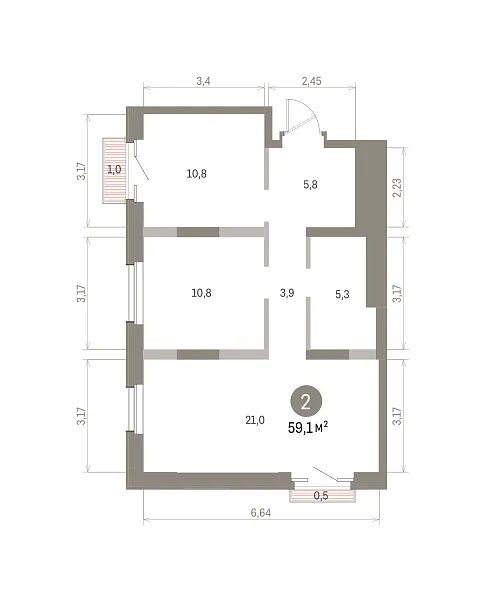 Количество комнат: 2,  59.1 кв.м.