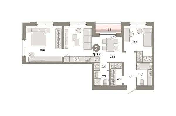 Новая 2-к квартира
 71.15 м² на 3/7 этаже в ЖК «Кварталы «На Минской»» в городе Тюмень 