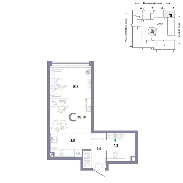 Новая квартира-студия
 28.5 м² на 8/30 этаже в ЖК «Страна.Озёрная» в городе Тюмень 