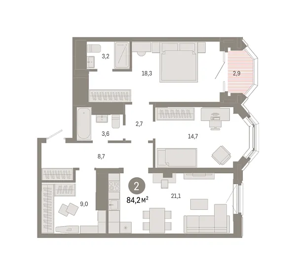 Новая 2-к квартира
 84.2 м² на 10/24 этаже в ЖК «На Некрасова» в городе Тюмень 