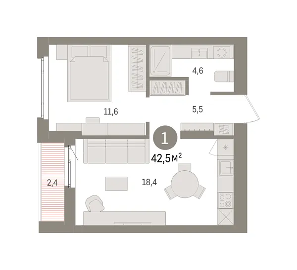 Новая 1-к квартира
 42.5 м² на 12/16 этаже в ЖК «Квартал «Траектория»» в городе Тюмень 