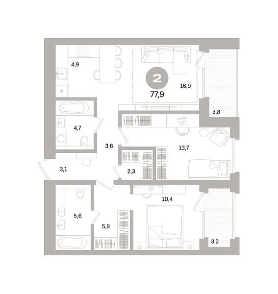 Новая 2-к квартира
 77.93 м² на 12/16 этаже в ЖК «Северный ветер» в городе Тюмень 