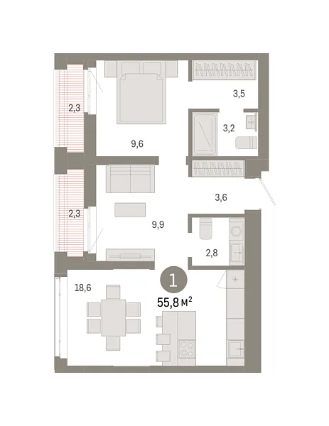 Новая 1-к квартира
 55.78 м² на 12/18 этаже в ЖК «Республики 205» в городе Тюмень 