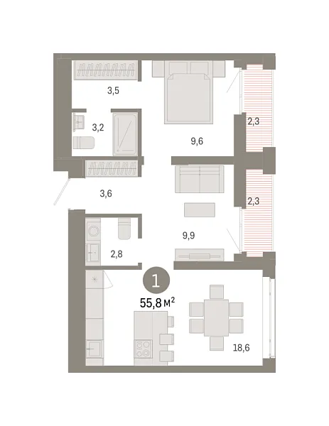 Новая 1-к квартира
 55.76 м² на 13/18 этаже в ЖК «Республики 205» в городе Тюмень 