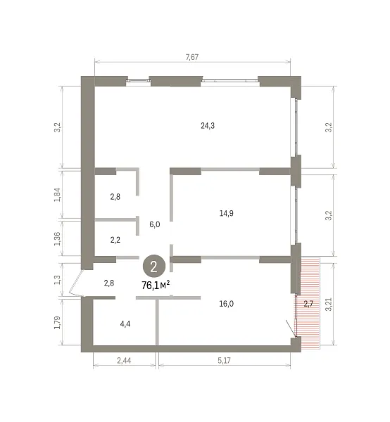 Количество комнат: 2,  76.1 кв.м.