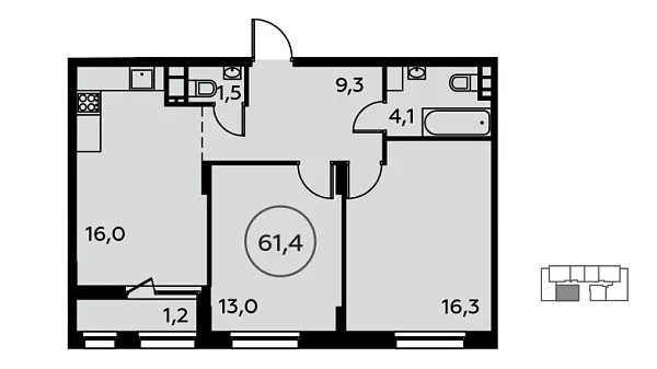 Новая 2-к квартира
 61.4 м² на 10/16 этаже в ЖК «Скандинавия» в городе Тюмень 
