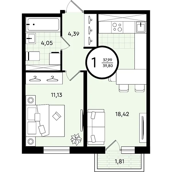 Квартира, 39 кв.м., Тюмень, Тюменская область, Александра Звягина